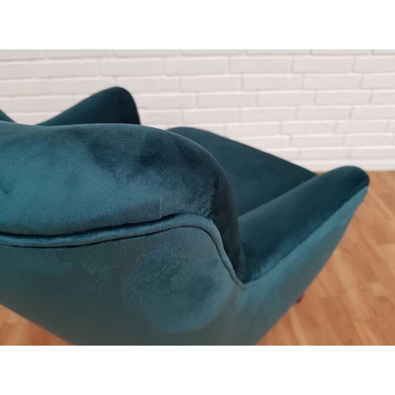 Fauteuil vintage velours bleu turquoise Danemark 1970s