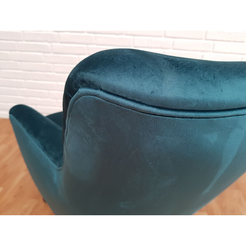 Vintage armchair turquoise blue velour Denmark 1970s