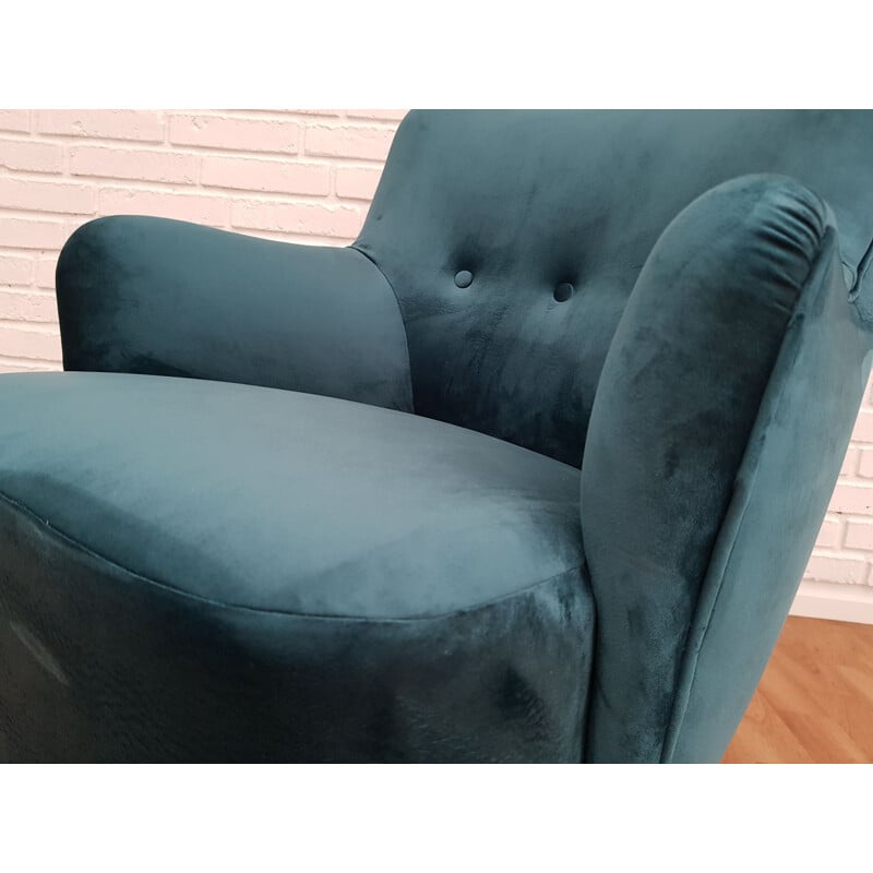 Vintage armchair turquoise blue velour Denmark 1970s