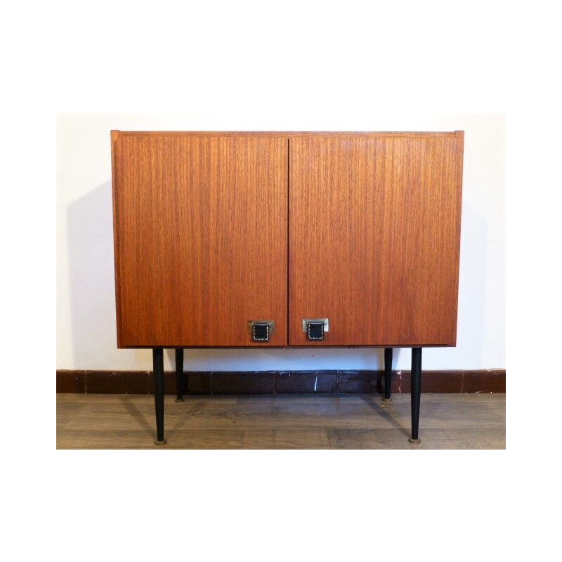 Small vintage cabinet in teak, brass and leather SAB 1960