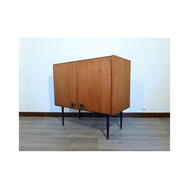 Small vintage cabinet in teak, brass and leather SAB 1960