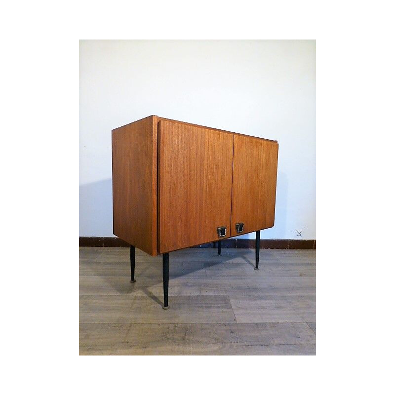 Small vintage cabinet in teak, brass and leather SAB 1960