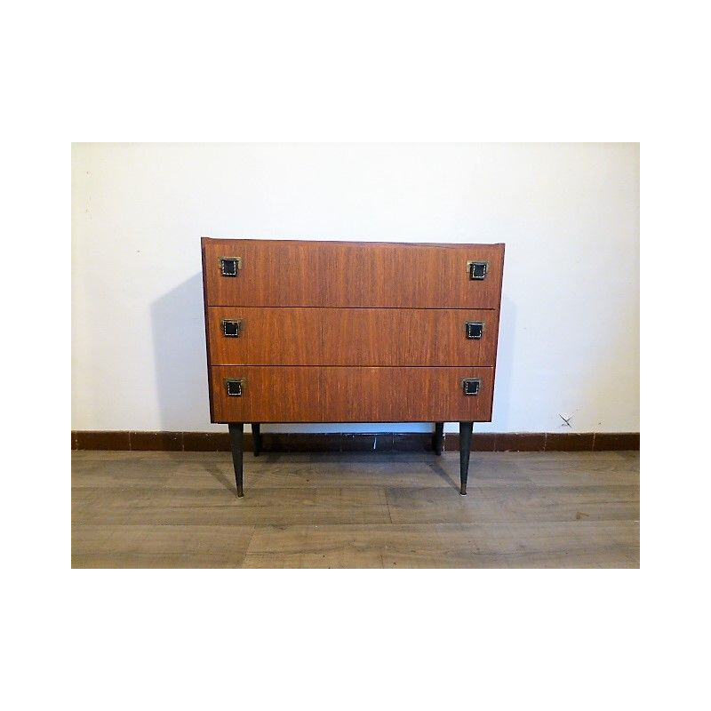 Vintage chest of drawers SAB in teak, brass and leather 1960s