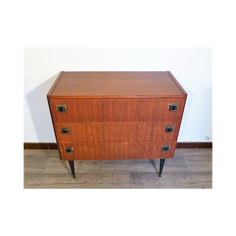 Vintage chest of drawers SAB in teak, brass and leather 1960s