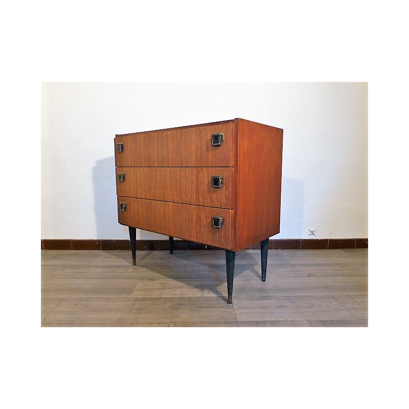 Vintage chest of drawers SAB in teak, brass and leather 1960s