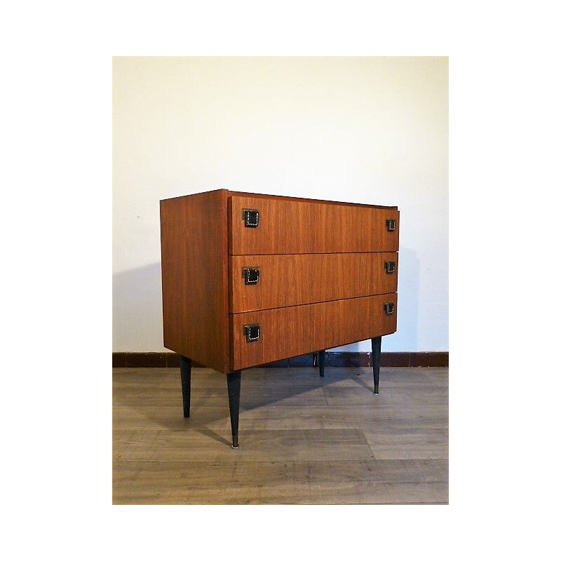 Vintage chest of drawers SAB in teak, brass and leather 1960s