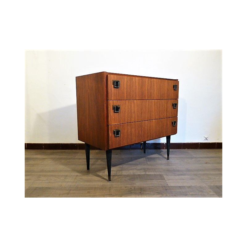 Vintage chest of drawers SAB in teak, brass and leather 1960s