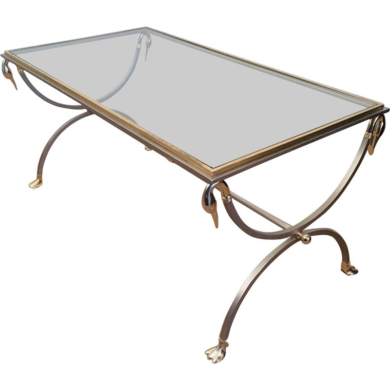 Vintage coffee table in brushed metal, glass and brass by Maison Jansen, 1970