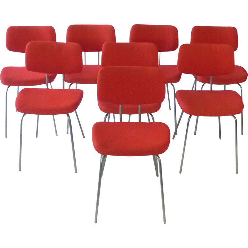 Lot de 8 chaises vintage rouge 1970