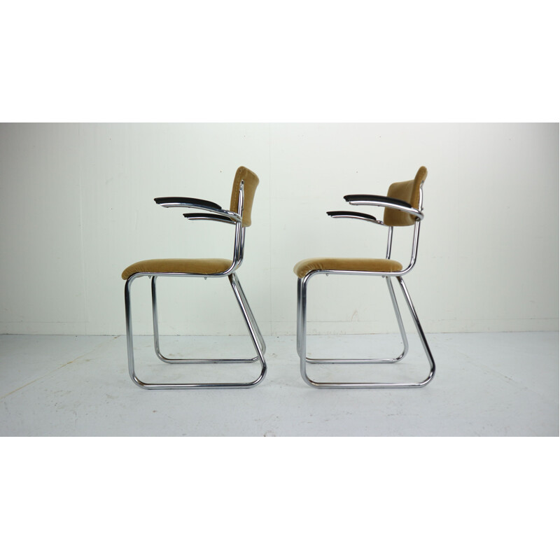 Suite de 2 fauteuils vintage en tissu jaune et métal 1960