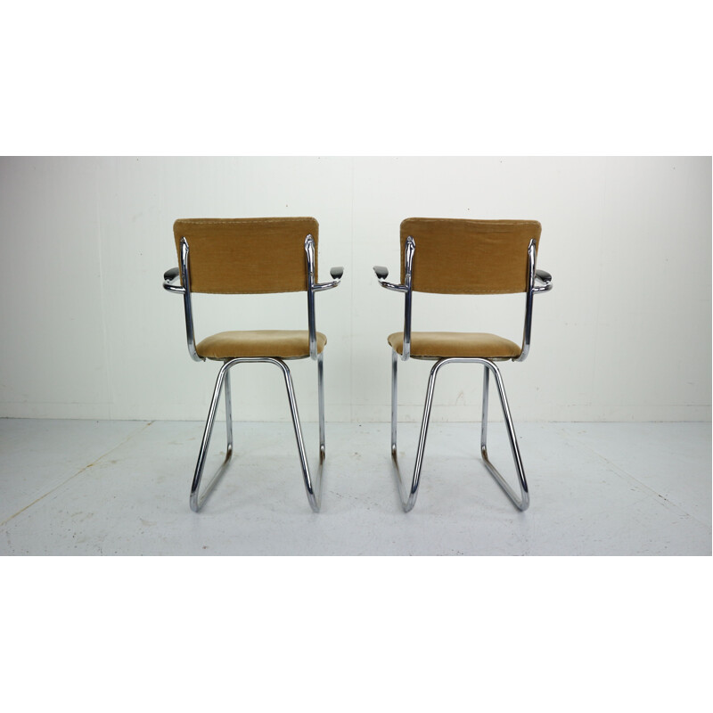 Set of 2 vintage armchairs in yellow fabric and metal 1960