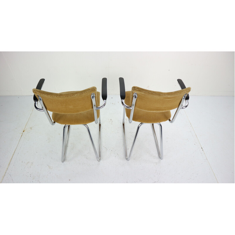 Set of 2 vintage armchairs in yellow fabric and metal 1960