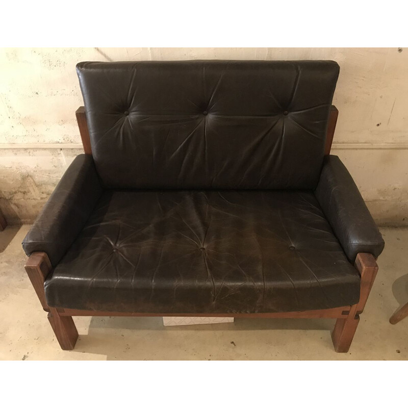 Fauteuil vintage Love Seat S18Y Pierre Chapo en cuir marron et orme 1970
