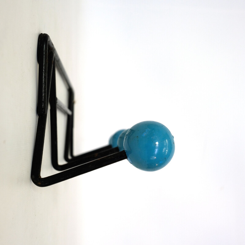 Vintage blue coat rack in wood and metal 1960