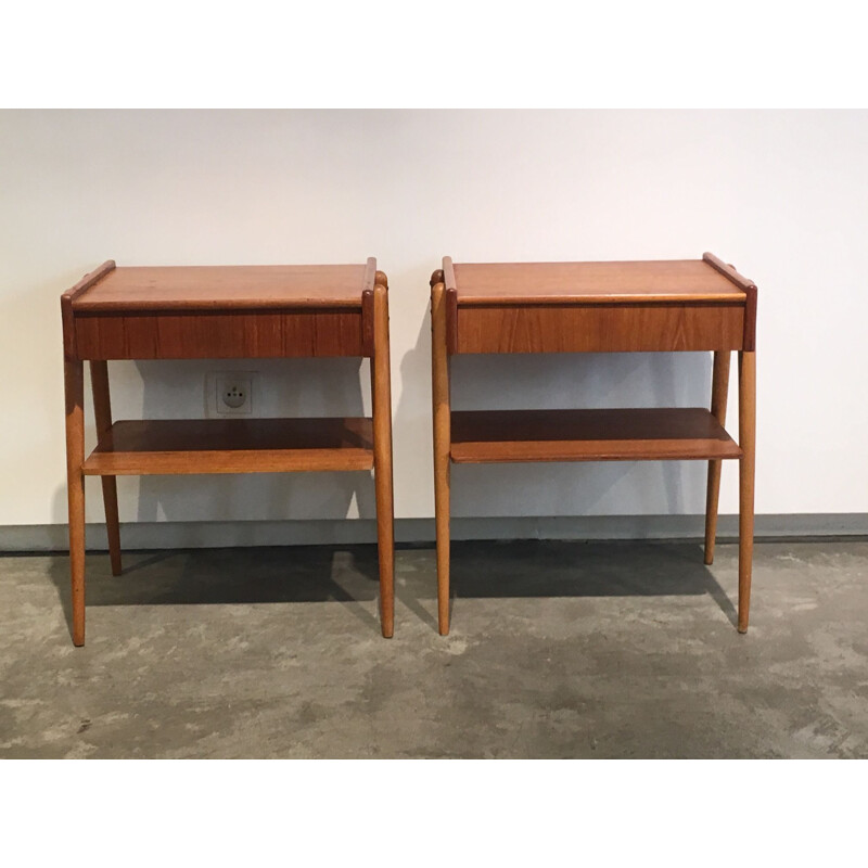 Pair of vintage scandinavian bedside tables in teak wood 1960s