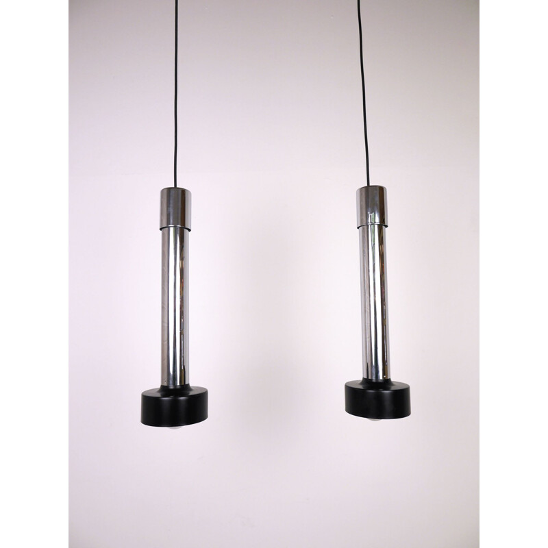 Pair of vintage Chrome Cylinder pendant lamps for Wila 1970s