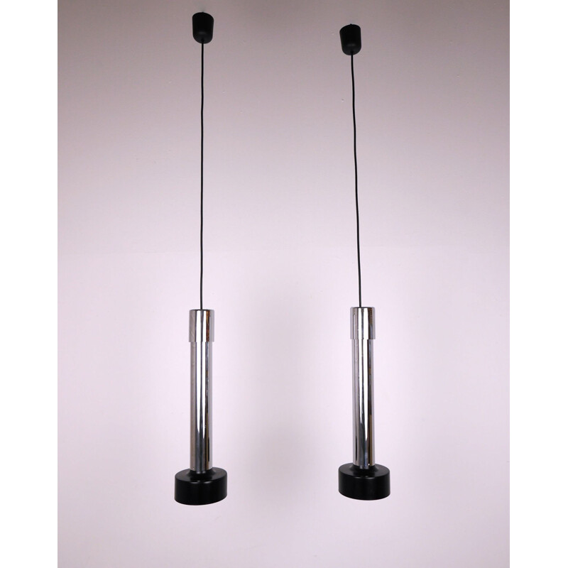 Pair of vintage Chrome Cylinder pendant lamps for Wila 1970s