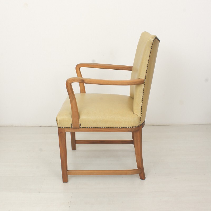 Vintage maple and beige leatherette armchair - 1950s