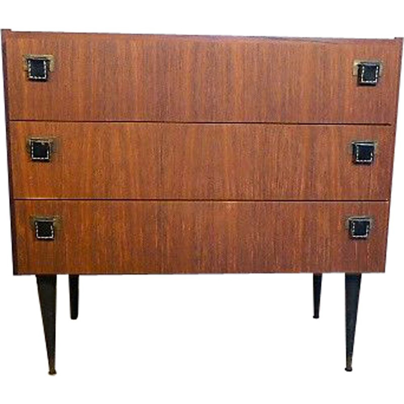 Vintage chest of drawers SAB in teak, brass and leather 1960s