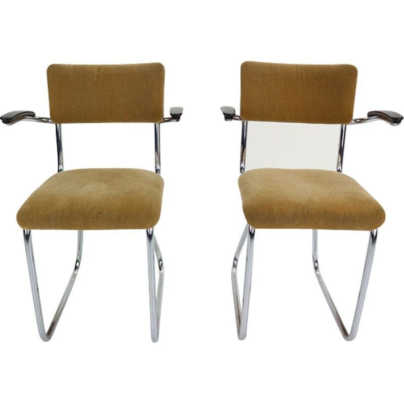 Suite de 2 fauteuils vintage en tissu jaune et métal 1960