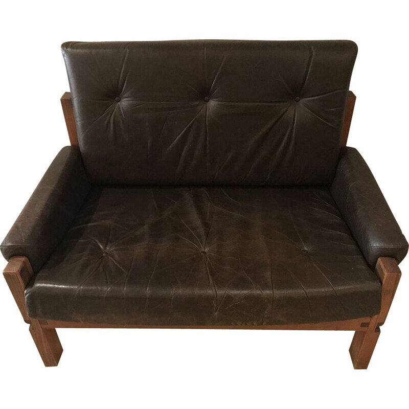 Vintage Love Seat S18Y armchair by Pierre Chapo in brown leather and elm 1970