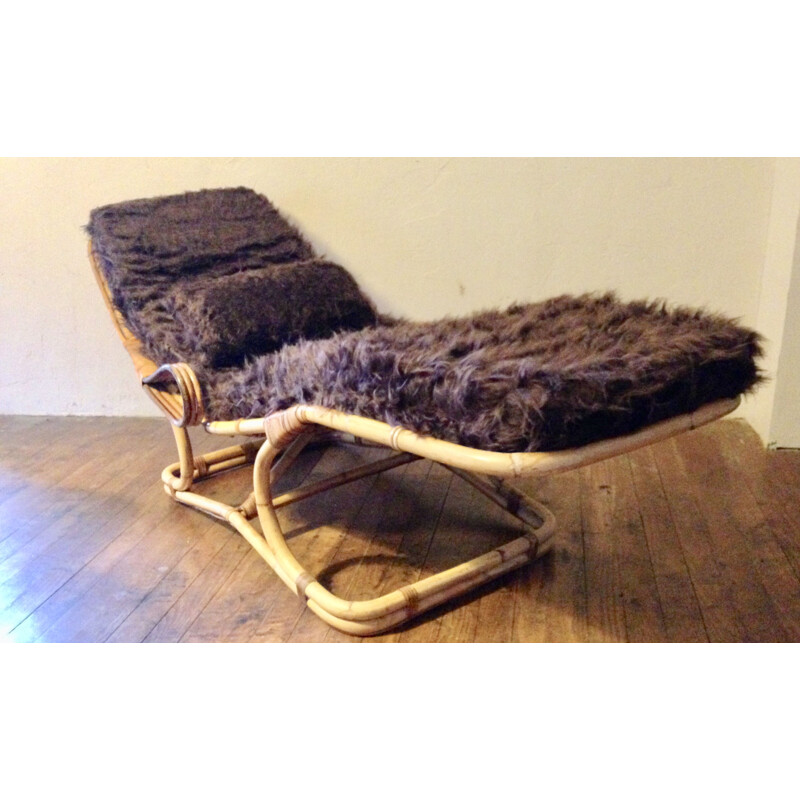 Vintage chaise lounge sun lounger in rattan France 1950s