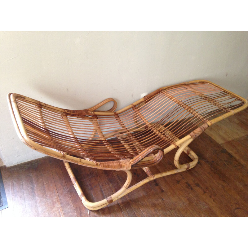 Chaise longue vintage bain de soleil en rotin France 1950s