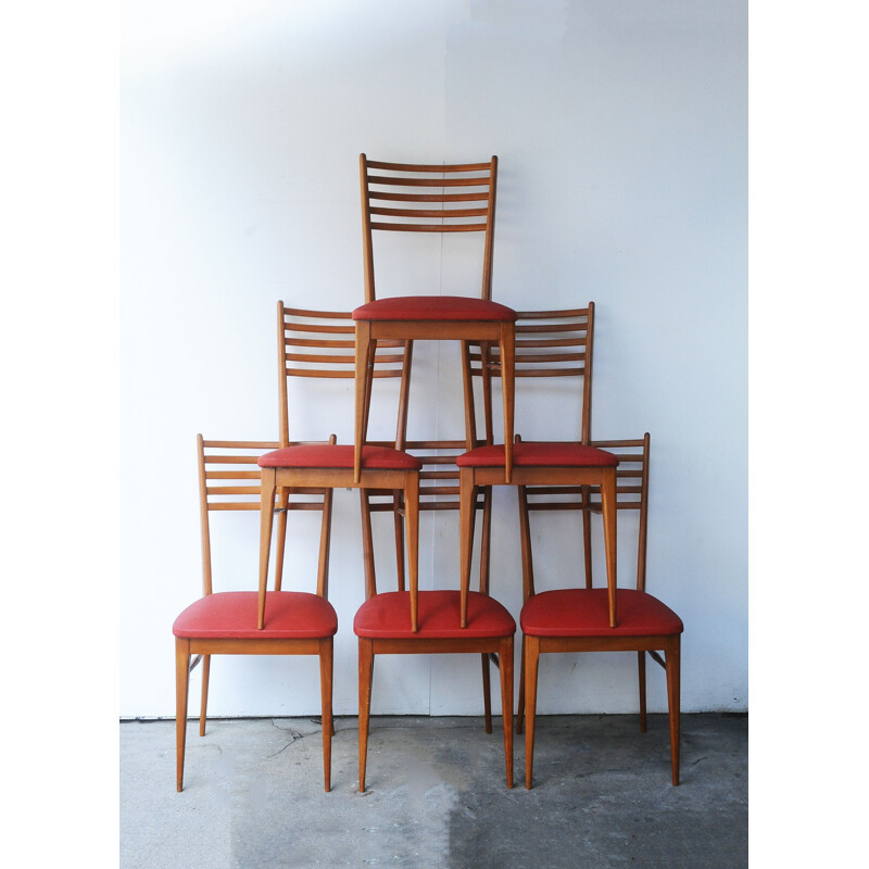 Set de 6 chaises vintage en hêtre et skaï rouge 1950 
