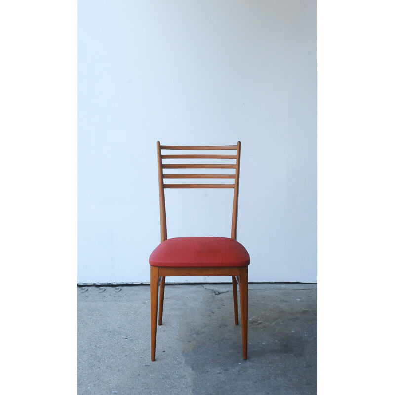 Set of 6 vintage beech and red skai chairs 1950 