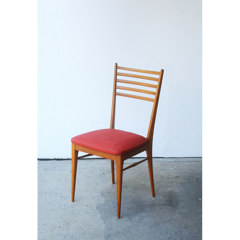 Set of 6 vintage beech and red skai chairs 1950 