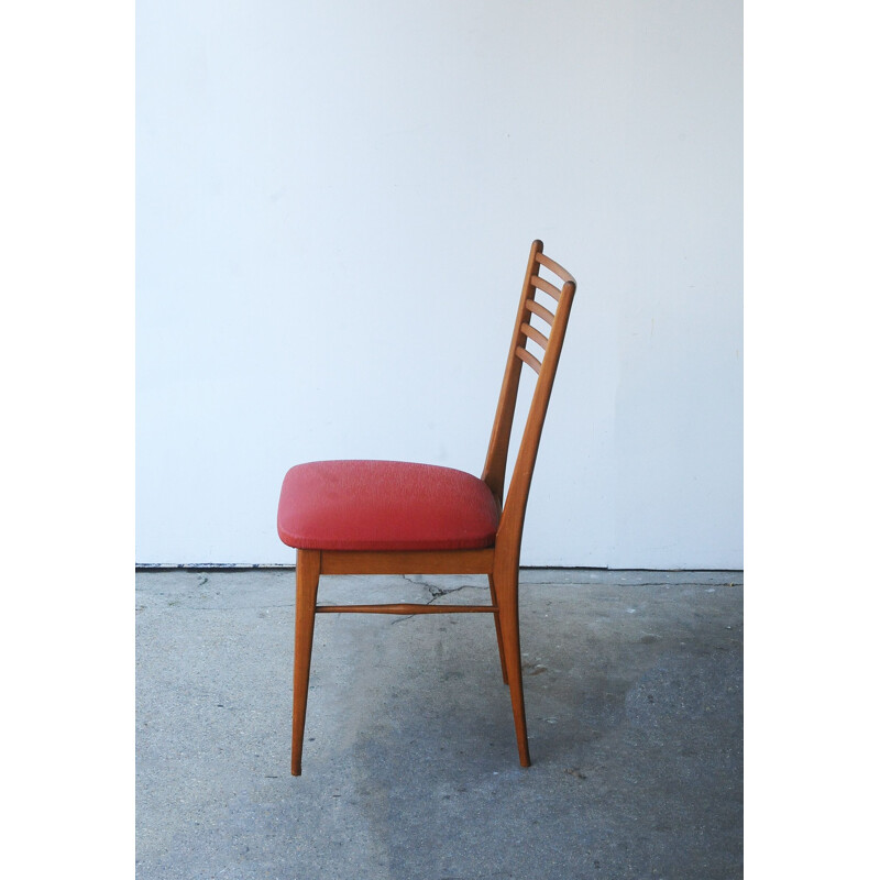 Set de 6 chaises vintage en hêtre et skaï rouge 1950 