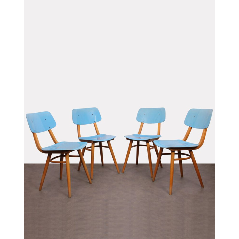 Suite de 4 chaises bleues pour Ton 1970