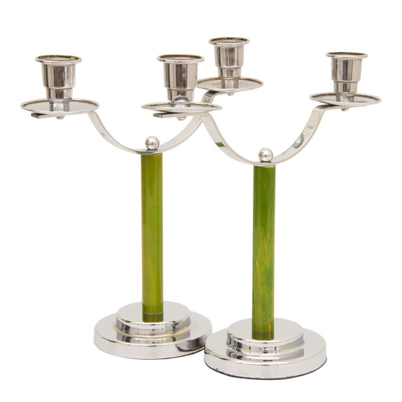 Pair of vintage chrome-plated metal candlesticks, 1930