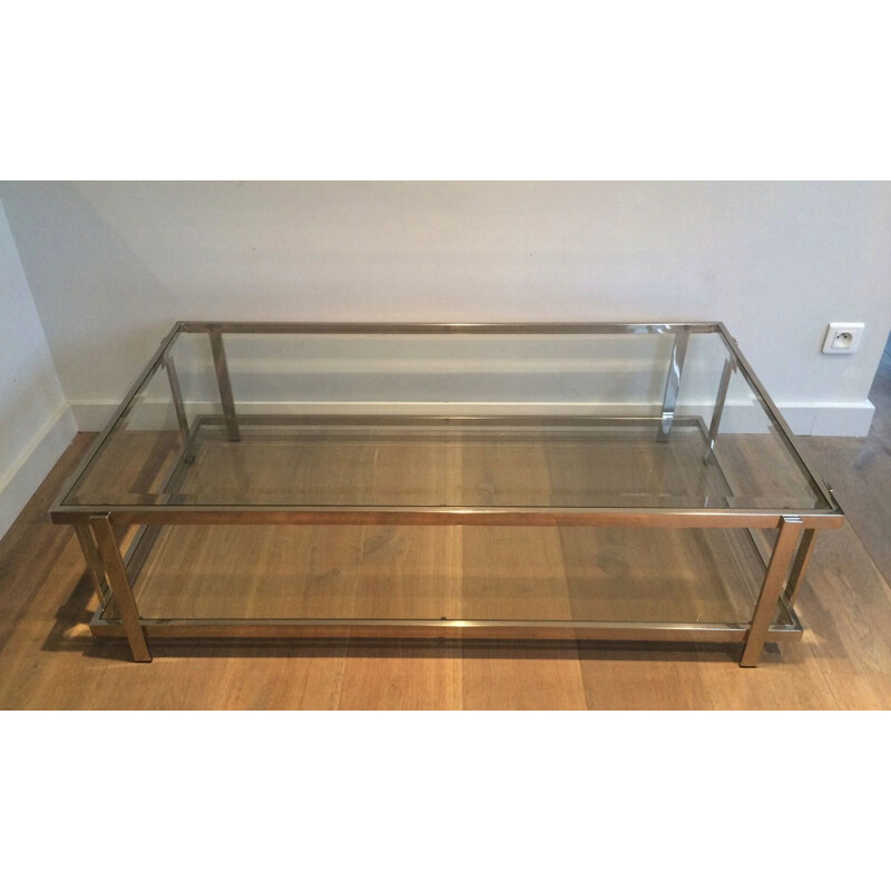 Table basse vintage en chrome et verre