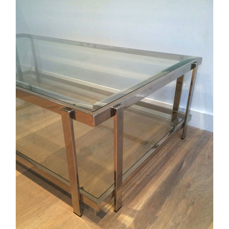 Table basse vintage en chrome et verre