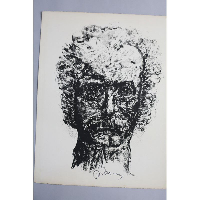 Vintage litho van Yves Parsus gesigneerd voor Georges Brassens