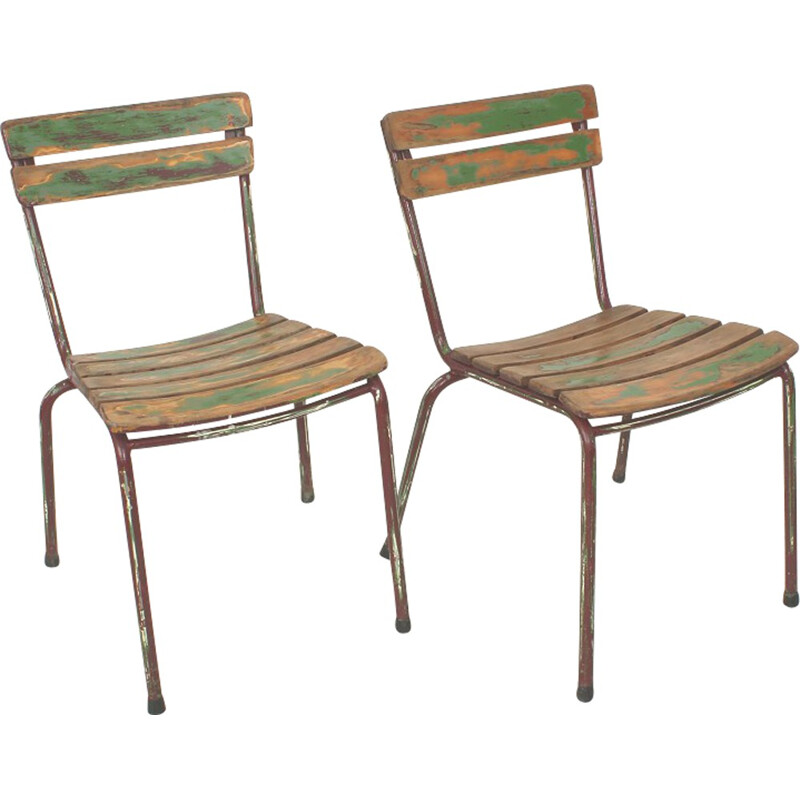Pair of industrial beech and metal chairs - 1970s