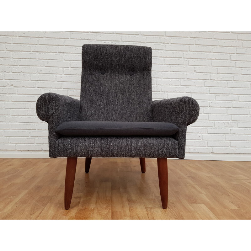 Vintage armchair in teak and grey wool Denmark 1970s