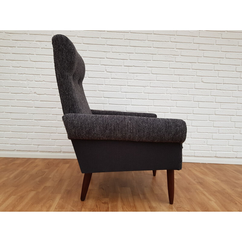 Vintage armchair in teak and grey wool Denmark 1970s