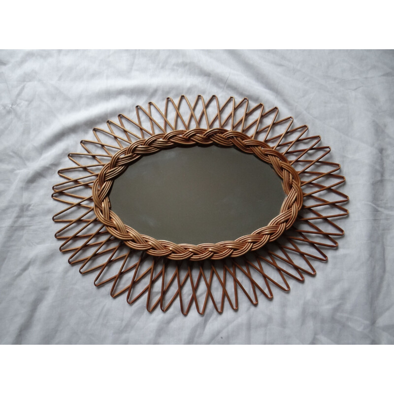 Miroir vintage soleil en rotin 1960s