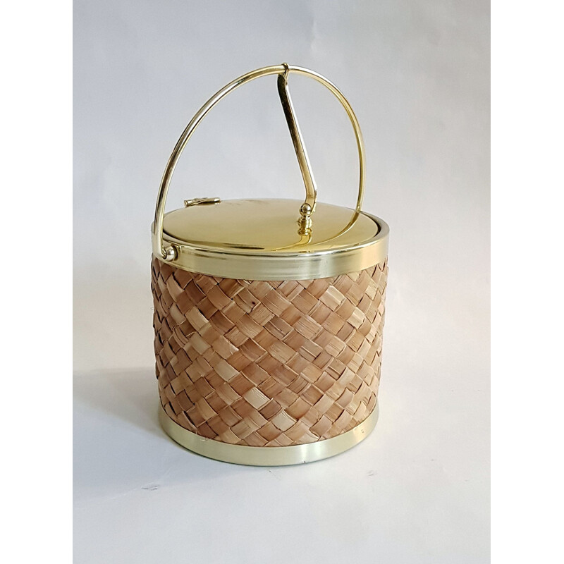 Vintage ice bucket in raffia and gold by Kraftware Co 1970s