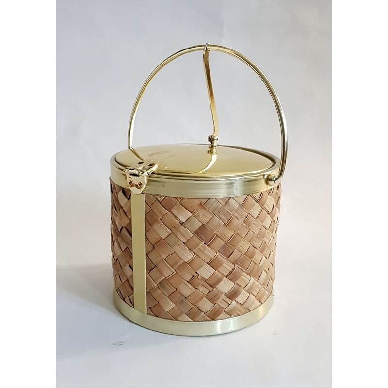 Vintage ice bucket in raffia and gold by Kraftware Co 1970s