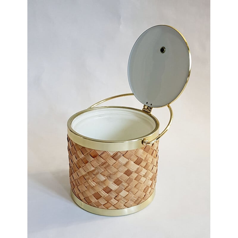 Vintage ice bucket in raffia and gold by Kraftware Co 1970s