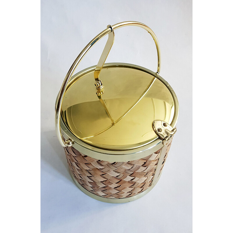 Vintage ice bucket in raffia and gold by Kraftware Co 1970s