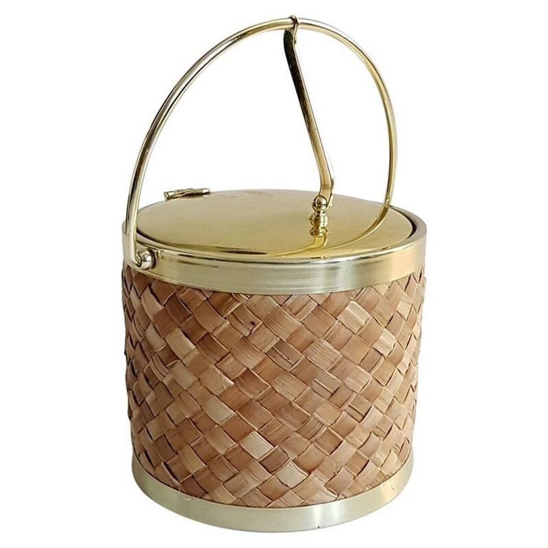 Vintage ice bucket in raffia and gold by Kraftware Co 1970s