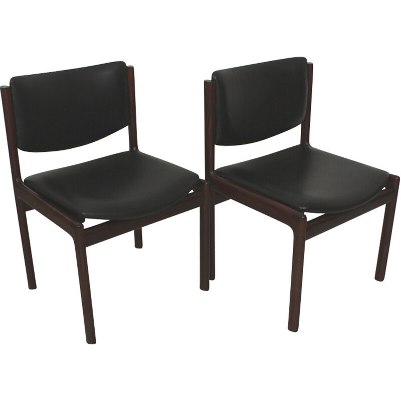 Pair of Scandinavian mahogany and black leather dining chairs - 1970s