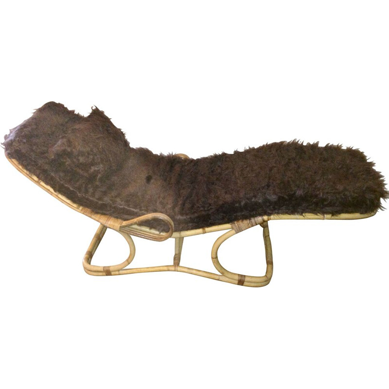 Vintage chaise lounge sun lounger in rattan France 1950s