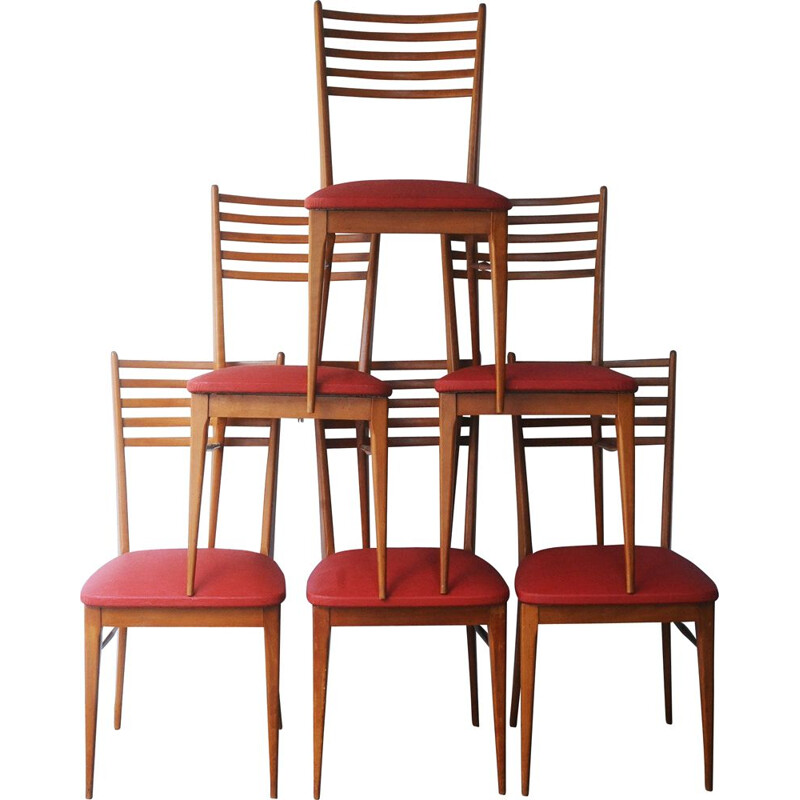 Set of 6 vintage beech and red skai chairs 1950 