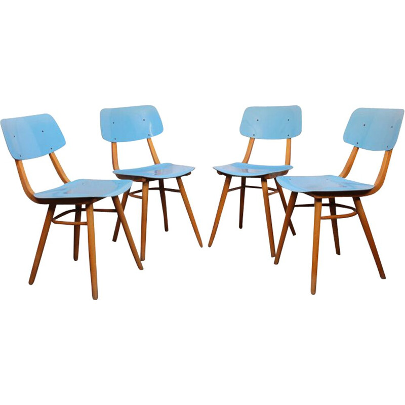 Set of 4 blue chairs for Ton 1970