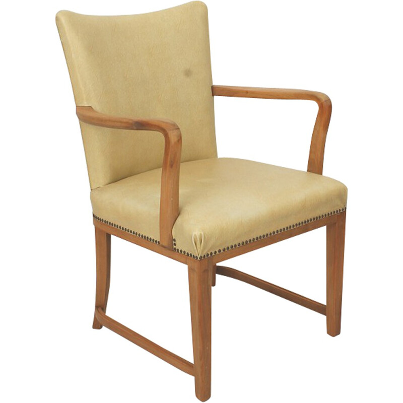 Fauteuil en bois d'érable et simili cuir beige - 1950